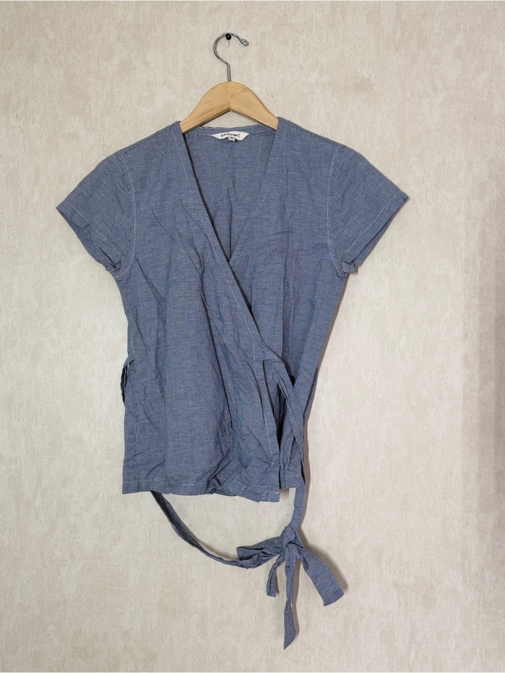 Bridge & Burn Women’s Cotton Linen Wrap Top Herringbone Print in Blue XS